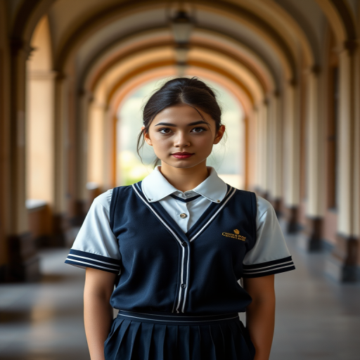 A portrait of a young woman in a school uniform standing in an arched corridor, soft natural light, f/1.8 aperture, 50mm lens, ISO 100, shallow depth of field, DSLR camera, focus on the subject with a blurred background.