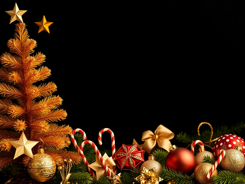 Create a high-resolution festive holiday image with a black background featuring golden Christmas decorations including a tree, stars, candy canes, and ornaments, using a DSLR camera, aperture f/2.8, ISO 100, focal length 35mm, with a soft focus effect to enhance the warm holiday atmosphere.