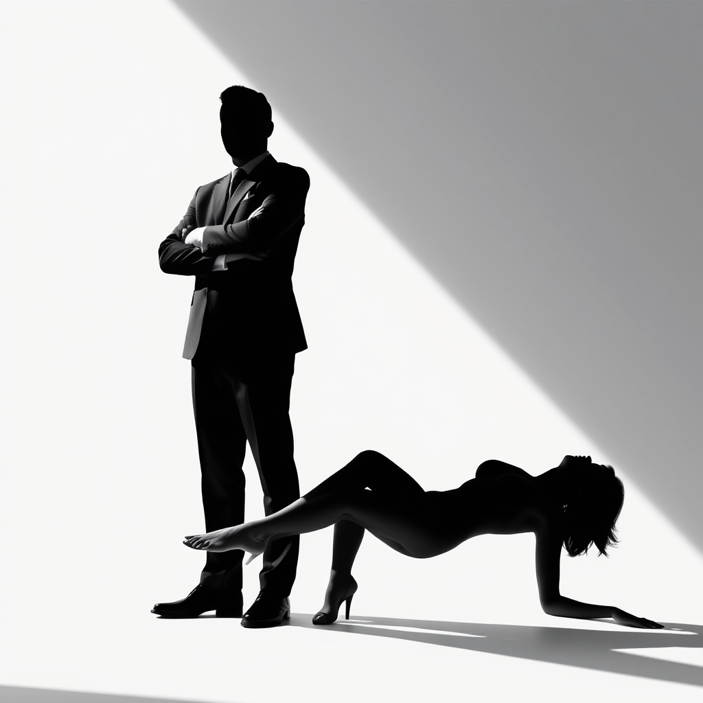 Generate a high-contrast silhouette image of a man in a suit standing with arms crossed next to a woman in a bikini reclining, using a DSLR camera with a 50mm lens, aperture f/1.8, ISO 100, in natural lighting for sharp detail and a minimalist background.
