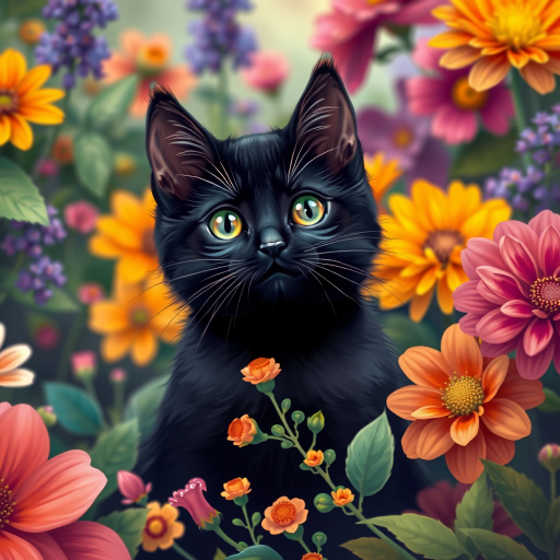 Create a colorful digital illustration of a cute black cat surrounded by vibrant flowers and foliage, using a Canon EOS R5 with a 50mm f/1.2 lens, shot at aperture f/2.8, ISO 100, and a soft focus style to enhance the depth and richness of colors.