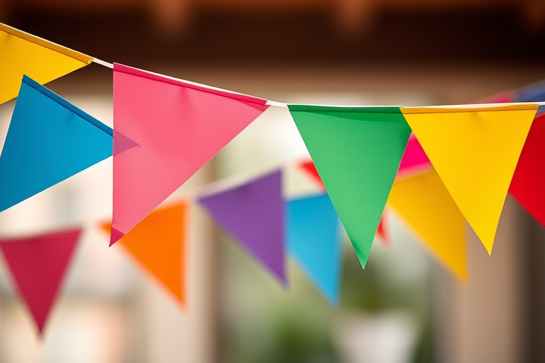 Generate an image of colorful triangular bunting flags hanging on a string against a blurred background, using a DSLR camera with a 50mm lens at f/2.8 aperture, ISO 100, and a shallow depth of field to enhance image quality.