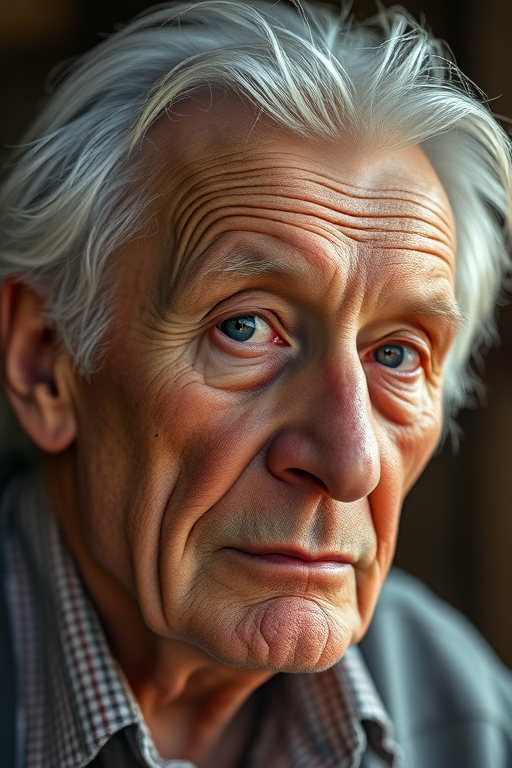 Create a detailed portrait of an elderly man with grey hair and a thoughtful expression, captured using a Canon EOS R5 with a 50mm f/1.2 lens, natural soft lighting, with a shallow depth of field for a blurred background, focusing on facial details and textures.