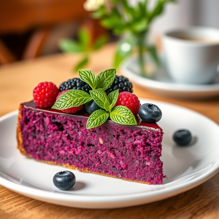A slice of rich purple cake topped with blackberries raspberries and blueberries garnished with mint leaves on a white plate with a soft blurred background featuring a cozy dining setting.