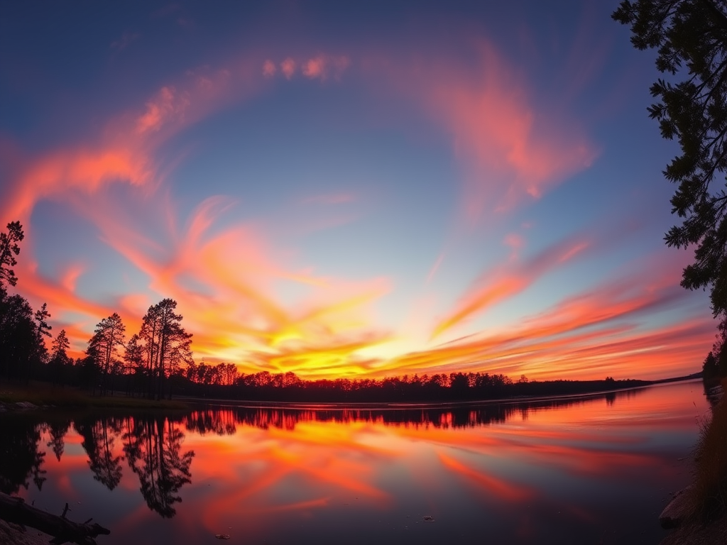 a tranquil sunset over a calm lake, reflecting vibrant orange and pink hues, surrounded by tall trees, shot with a DSLR camera, aperture f/8, shutter speed 1/125 sec, ISO 100, panoramic view, wide-angle lens