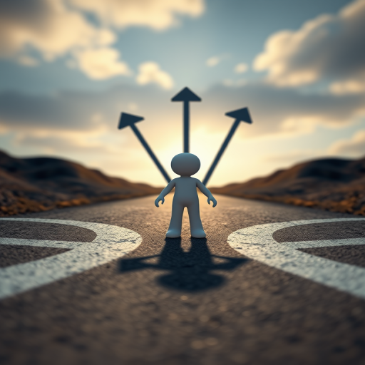create a 3D render of a small humanoid figure standing at a crossroads with three arrows pointing in different directions, use a Canon EOS 5D Mark IV, 50mm lens, aperture f/8, ISO 100, and a low angle view for dramatic effect, ensure high detail and smooth shadows.
