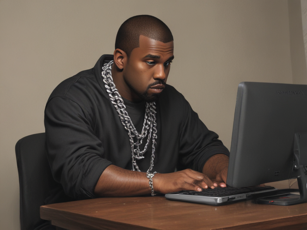 draw kanye west looking at a computor in chains