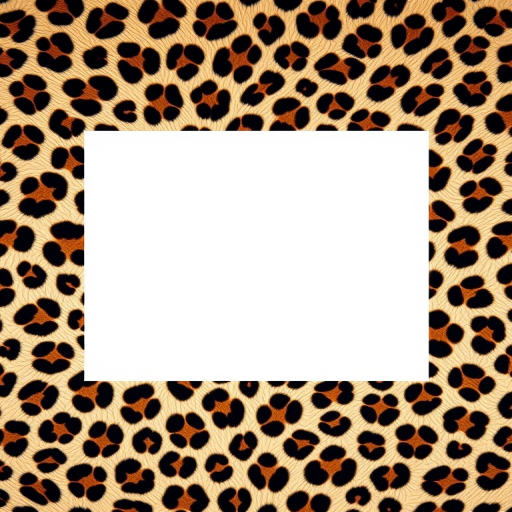 Create an image of a leopard print background with a blank square in the center, use a DSLR camera with a 50mm lens, f/1.8 aperture, ISO 100, and natural light, with a top-down view for enhanced clarity and detail.