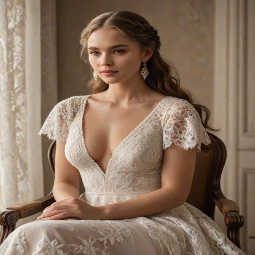 Create a portrait of a refined and elegant woman seated in a sophisticated setting. She has long, wavy hair styled in two thick braids that are pulled over her shoulders. She wears a white, lace gown with intricate patterns, featuring a deep V-neckline and short sleeves. The dress exudes a vintage charm with its delicate lacework. She is adorned with ornate, dangling earrings that add a touch of glamour to her appearance. The background is softly lit, with warm, ambient lighting that creates a cozy and inviting atmosphere. Her expression is poised and serene, capturing a sense of grace and elegance.