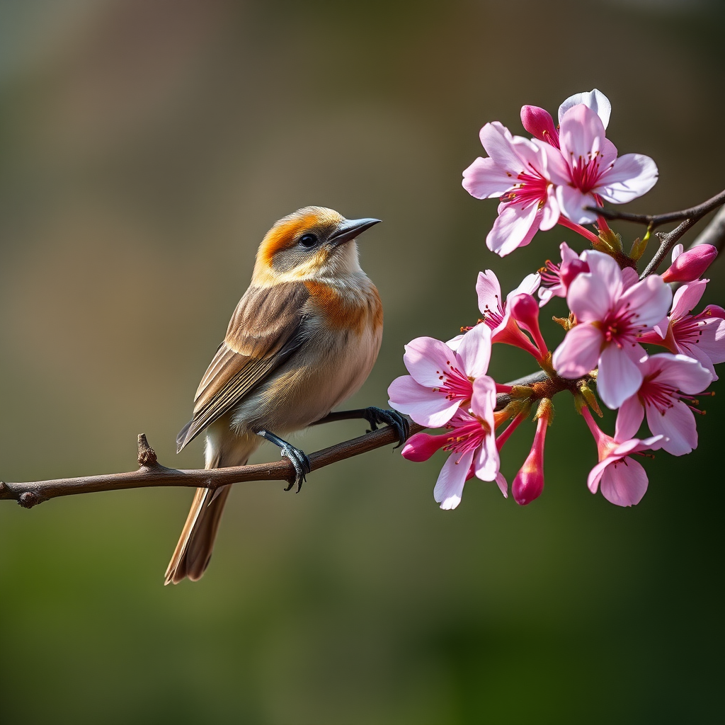 Create a high-resolution image of a bird perched on a tree branch with delicate pink flowers, using a Canon EOS 5D Mark IV, 300mm lens, aperture f/4, shutter speed 1/250s, ISO 400, soft focus background for depth, natural lighting, capturing rich colors and details of the bird and flowers.