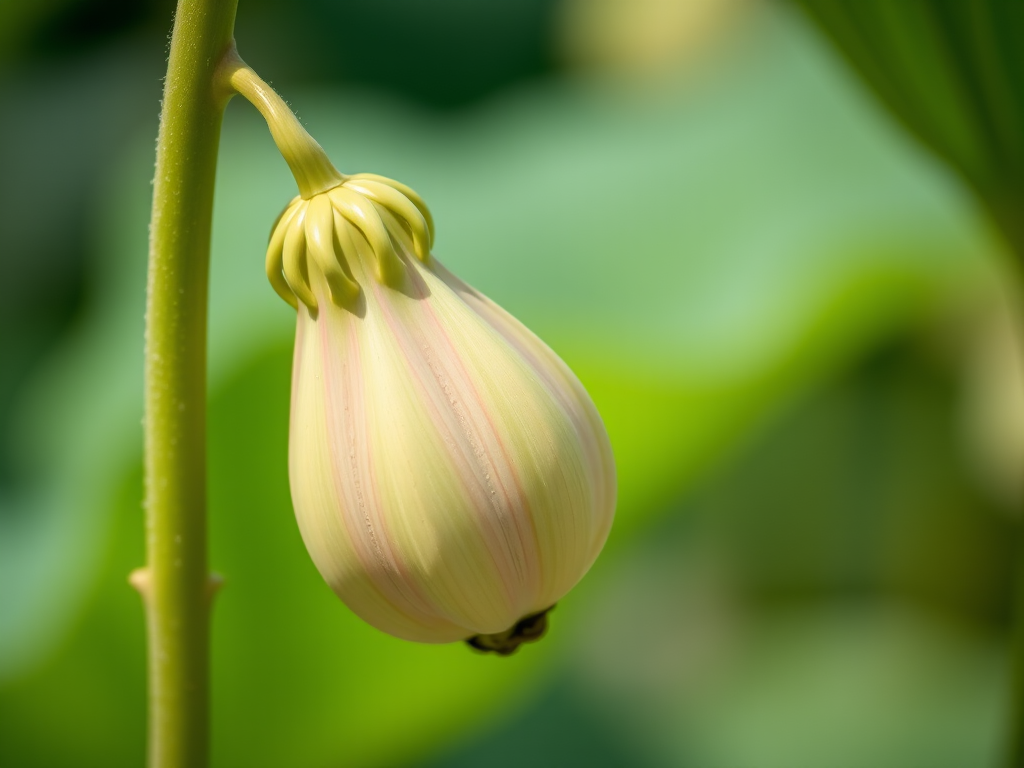 Capture a close-up shot of a lotus seed pod hanging from a stem, with a shallow depth of field, using a DSLR camera with a 50mm f/1.8 lens, aperture set to f/2.8, ISO 100, shutter speed 1/200 sec, in bright daylight to enhance colors and details against a softly blurred green background.