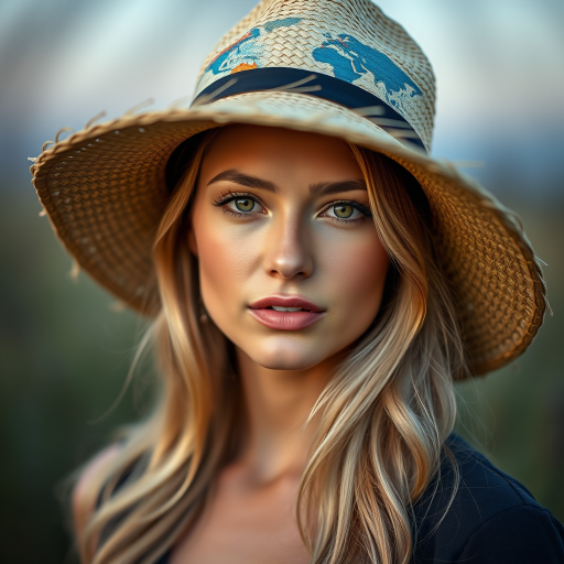 portrait of a beautiful woman with long blonde hair wearing a straw hat with a globe reflecting in it, deep focus, soft bokeh background, taken with a Canon EOS R5, 50mm f/1.2 lens, ISO 100, aperture f/1.2, shutter speed 1/200s
