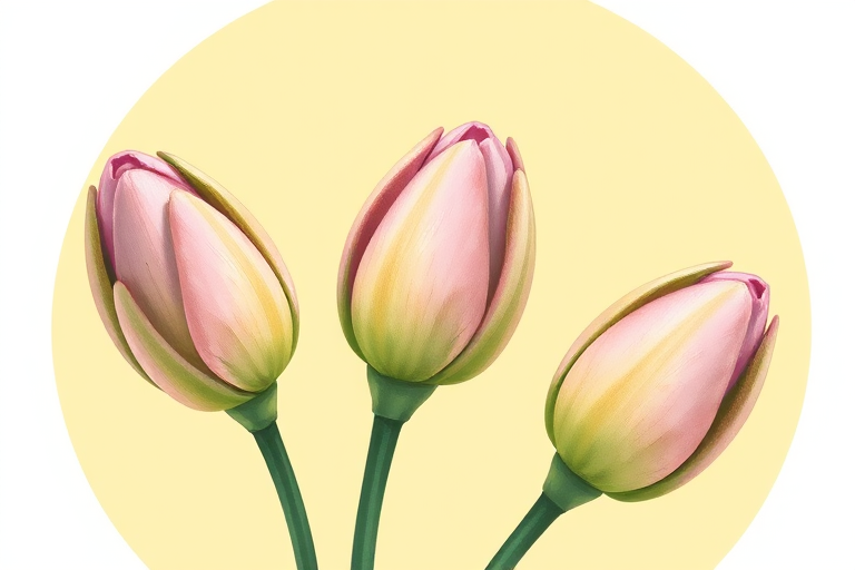 Create a high-resolution illustration of three flower buds with green and pink colors, set against a soft yellow circular background, using a digital drawing style; camera settings: ISO 100, aperture f/2.8, shutter speed 1/60s; camera type: digital camera; view: close-up, focusing on details and colors to enhance vibrancy.