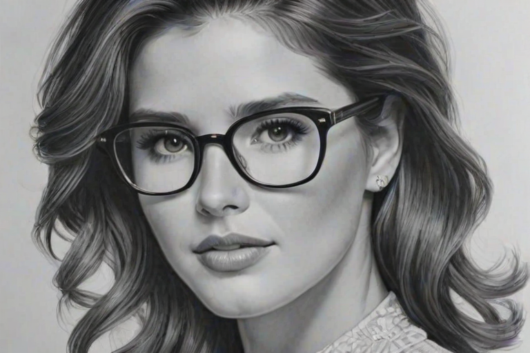 Stunning Katherine Schwarzenegger, pencil sketch, portrait of Elegant woman 1958s in glasses, hair style beatnik, outline, clear lines, fine lines, 8k