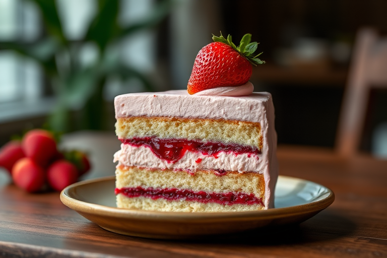 A slice of layered cake on a rustic plate featuring a light pink mousse topping with a strawberry on top a layer of berry jam and a soft vanilla sponge base, indoor lighting with a soft focus background