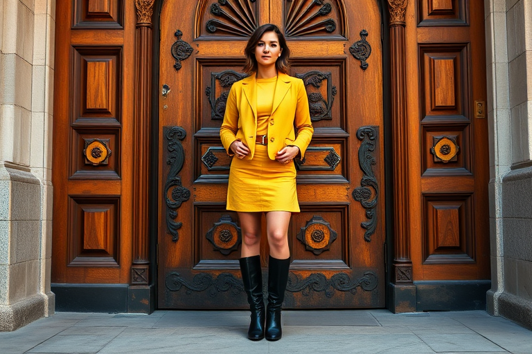 Portrait of a confident woman standing in front of an ornate wooden door, wearing a stylish yellow outfit and black chunky boots, captured in natural light with a DSLR camera, 85mm lens at f/1.8, ISO 100, shutter speed 1/200s, with a slight bokeh effect for background softness.