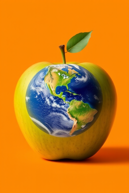 Create an illustration of a green apple with the Earth mapped on its surface, set against a bright orange background, using a Canon EOS R5, 50mm lens, aperture f/2.8, ISO 100, shot from a straight-on view with vibrant colors and high detail.