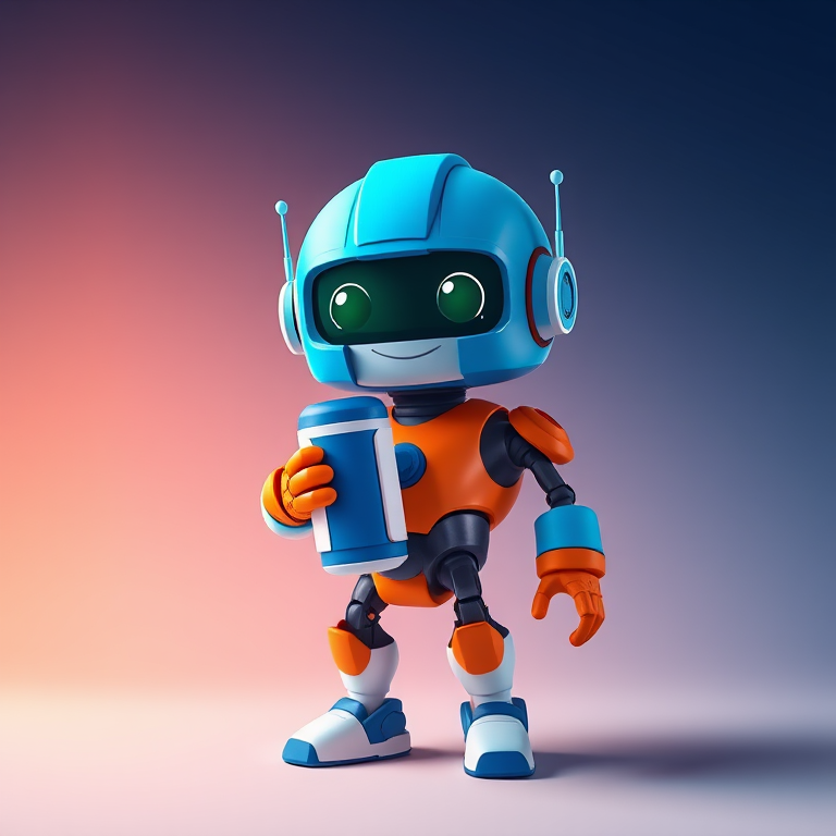 Generate a high-quality illustration of a cartoon robot character with a blue helmet and orange body, holding a blue and white cylindrical device, smiling, with rocket flames at the bottom, using a Canon EOS R camera with a 50mm lens, f/1.8 aperture, 1/200s shutter speed, capturing a vibrant color palette and smooth gradients in a bright studio setting.