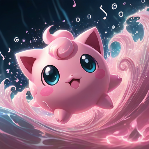 auralora,the image features a jigglypuff. it is surrounded by an aura of water waves and music notes with intricate,pink glow