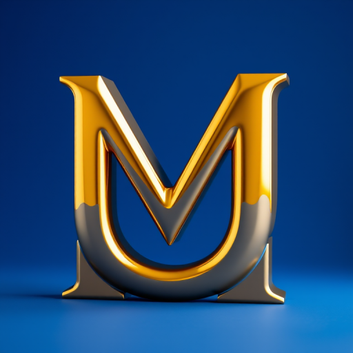 Create a 3D rendering of a glossy gold letter M with a rich blue background, utilizing a DSLR camera with a 50mm lens, f/1.8 aperture, ISO 100, and a shallow depth of field to enhance the focus on the letter.