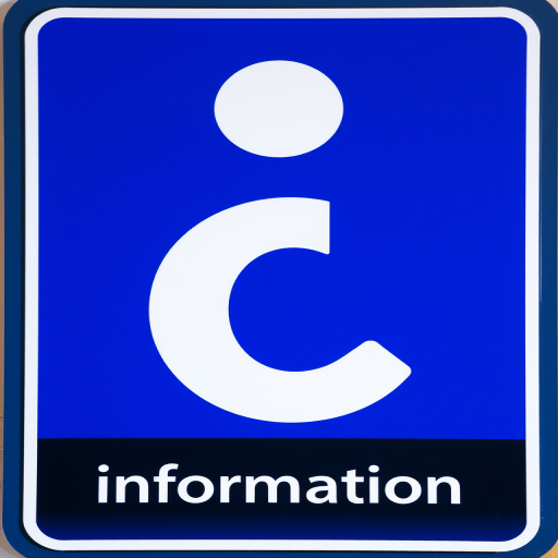 Create a high-resolution image of an information sign featuring a large stylized letter 'i' in white on a deep blue background, with a bold black rectangular base displaying the word 'information' in a modern font, using a DSLR camera with a 50mm lens, aperture set to f/2.8, ISO 100, and a slight tilt-shift effect for depth.