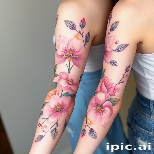Elegant floral sleeve tattoo with delicate cherry blossoms and peonies in soft pastel hues of pink lavender and peach accented by flowing brushstrokes and subtle shading techniques