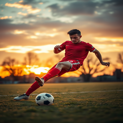 photograph of a soccer player in a red uniform kicking a soccer ball, dynamic motion, sunset lighting, depth of field, ISO 100, aperture f/2.8, shutter speed 1/500s, shot from a low angle, DSLR camera, 50mm lens