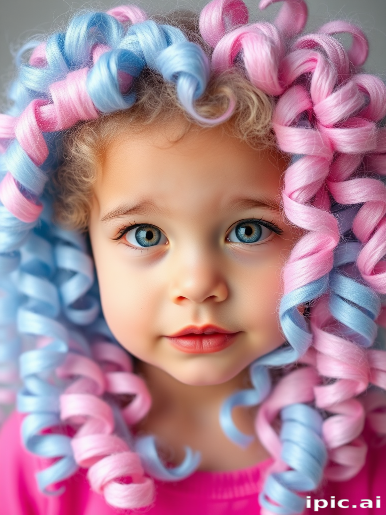 Whimsical picture of a child with Cotton Candy Swirl hair, pastel pink and blue blended together in soft, fluffy ringlets framing their face