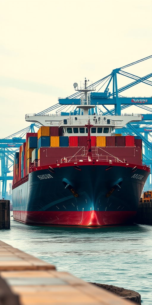 High-resolution photograph of a cargo ship docked at a port with cranes in the background, captured with a DSLR camera at f/8, ISO 200, 1/250s, 24mm focal length, low angle view for emphasis on the ship and cranes, vibrant colors and sharp details.