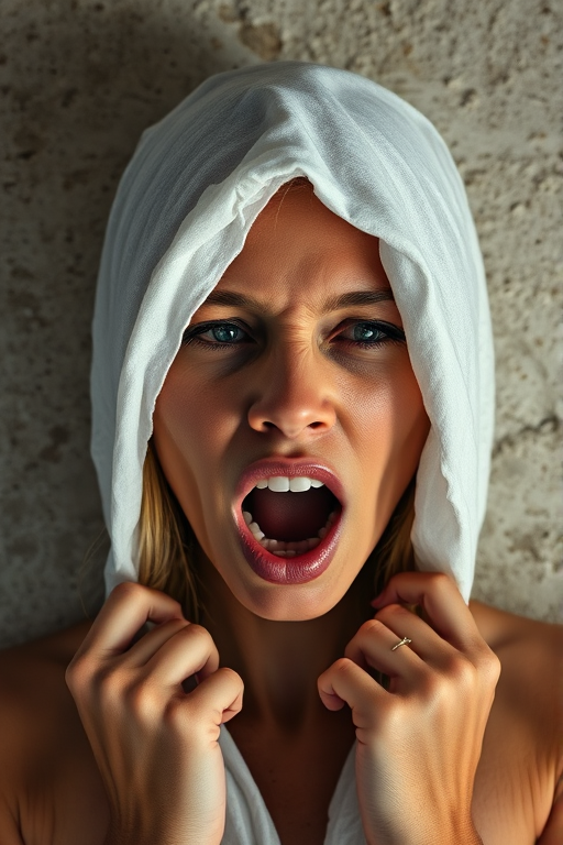 Create a close-up photographic image of a taino woman with light skin tones shown against an old, worn wall. Their head is wrapped in a white cloth covering (i.e.... parts of the head except the nose and mouth, which are open as if they are screaming...), with a slight texture and visible folds in the fabric. Thin strands of blonde hair escape from the wrapping above, falling lightly at the top and sides. Their hands hold the fabric as if they are tugging nervously. The lighting is dramatic and even, casting strong shadows. The image has a minimalist and surreal style with an emphasis on simplicity with soft color tones. The composition is centered.