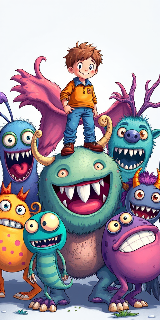 Create a detailed illustration of a group of playful cartoon monsters with vibrant colors, featuring a boy standing on one of the monsters, using a DSLR camera with a 35mm lens, f/8 aperture, ISO 100, and natural lighting to enhance clarity and detail in a colorful, whimsical style.