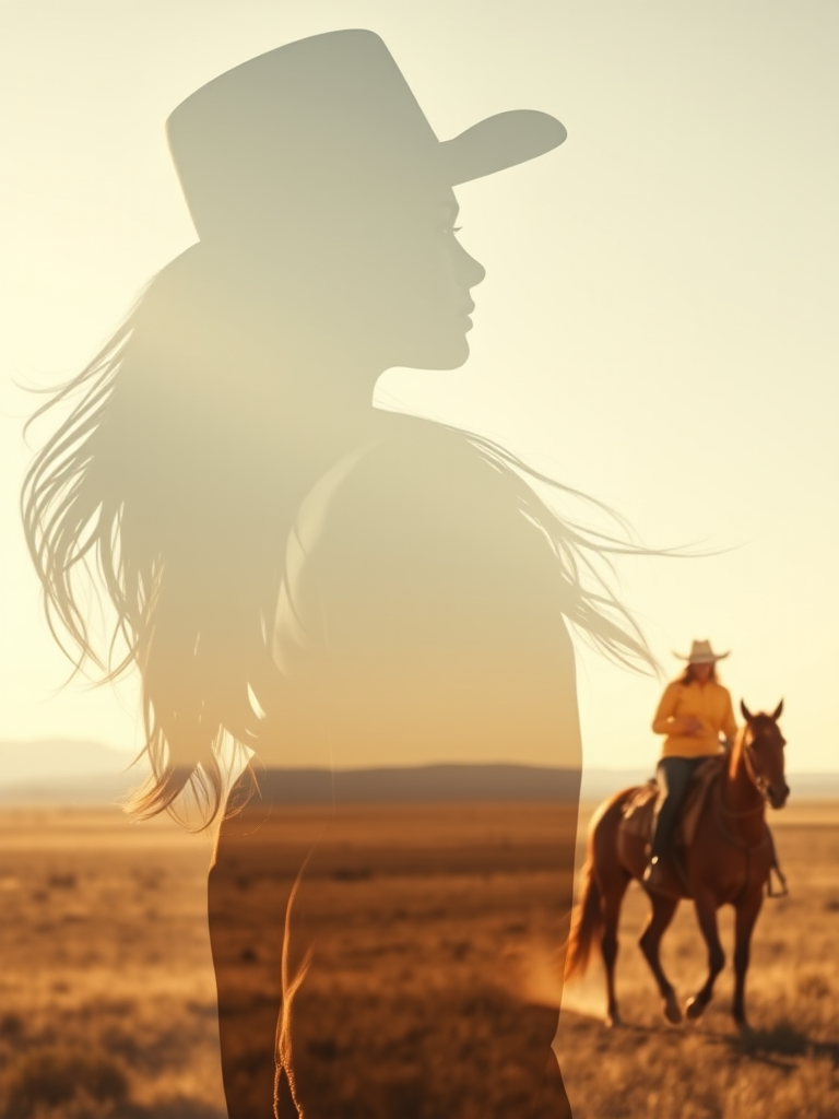 "Create a Double exposure", a silhouette "profile portrait of a young cowgirl" with long hair "superimposed" against a long shot of a cowgirl riding a horse across the plains, fantastic view, 32k, cinematic, hyper-realistic.