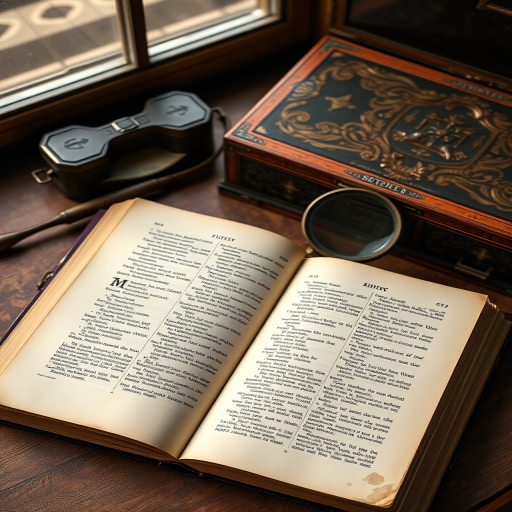 high-angle shot of an antique dictionary open on a table with a vintage magnifying glass and an ornate box, soft natural lighting, f/2.8, ISO 200, 1/60s, DSLR camera, shallow depth of field, warm color tone