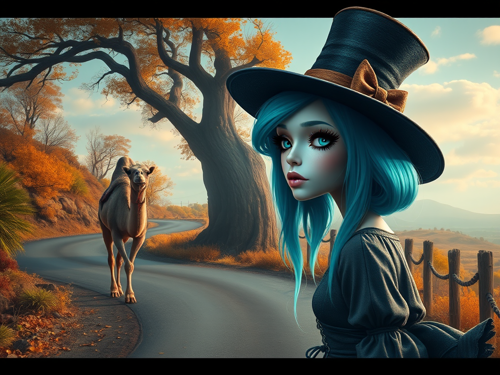 digital art fantasy depicting a strange girl with cyan hair, long eyelashes, white lipstick and a tall hat walking along a winding road on an autumn afternoon, an Camel smiles as she passes