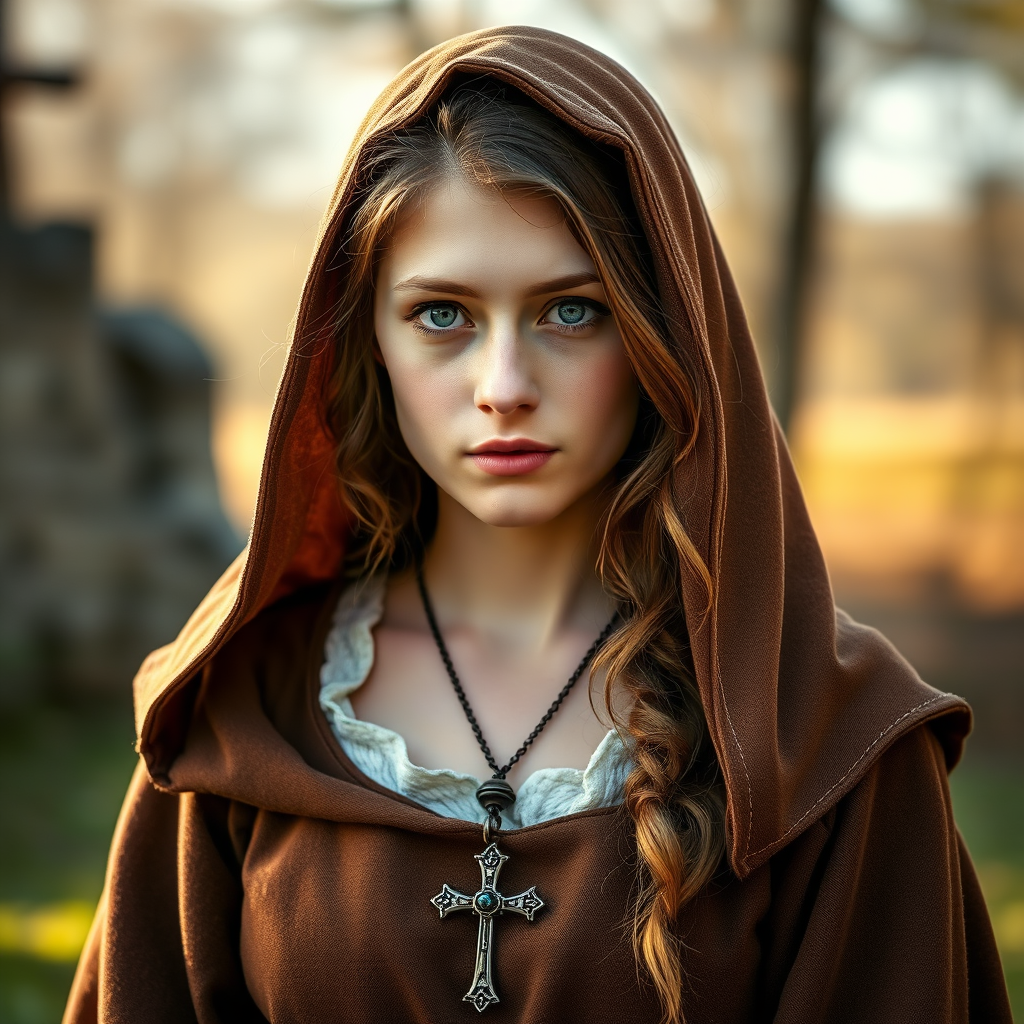 portrait of a young woman in medieval attire with a brown cloak and a large cross pendant, soft focus, warm lighting, f/1.8, 85mm lens, ISO 100, natural light, taken with a DSLR camera