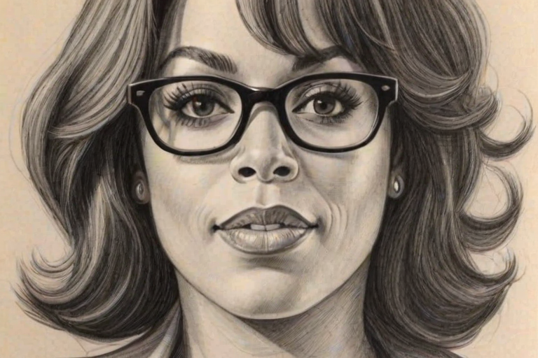 Lovely Niecy Nash, pencil sketch, portrait of Attractive woman 1936s in glasses, hair style beatnik, outline, clear lines, fine lines, 8k