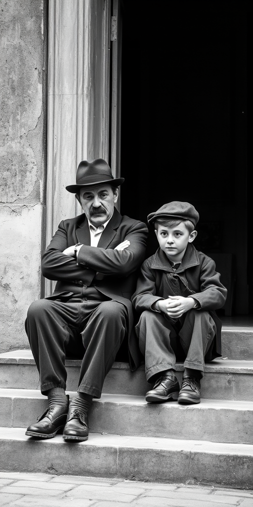 A black-and-white photograph of a man and a child sitting on steps in front of a doorway. The man is dressed as a tramp with a bowler hat, mustache, and ragged clothes, reminiscent of Charlie Chaplin's iconic look. He is sitting with his arms crossed and an expression of slight sadness or frustration. Next to him is a young boy, also in worn clothes and a cap, sitting with his hands clasped, looking thoughtful. The background is an old, textured wall and a partially open door, creating a vintage, early 20th-century atmosphere.
