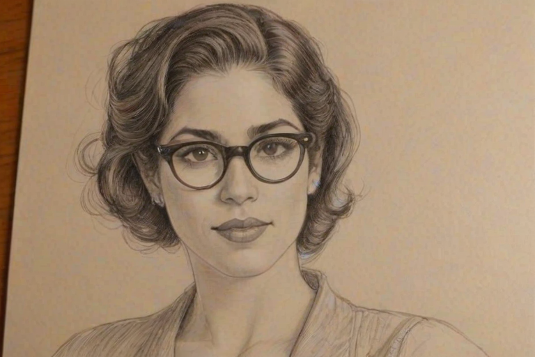 Magnificent Ana Ortiz, pencil sketch, portrait of Lovely woman 1926s in glasses, hair style beatnik, outline, clear lines, fine lines, 8k
