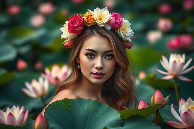 portrait of a serene woman with a floral headdress in a lotus pond surrounded by vibrant flowers, soft lighting, shallow depth of field, Canon EOS R5, 85mm lens, f/1.4, ISO 100, 1/200s, natural light, high resolution
