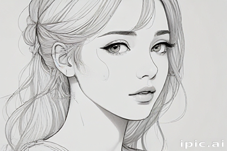 Intricate Line Art Portrait of a Young Woman with Graceful Features