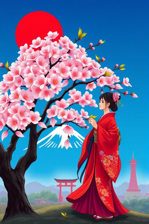 Create a vibrant illustration of a cherry blossom tree with pink flowers and a woman in a red kimono standing beside it, set against a blue background with the silhouette of Japan and a large red sun, using a DSLR camera with a 50mm lens, f/2.8 aperture, ISO 100, and a wide-angle view to enhance detail and color vibrancy.