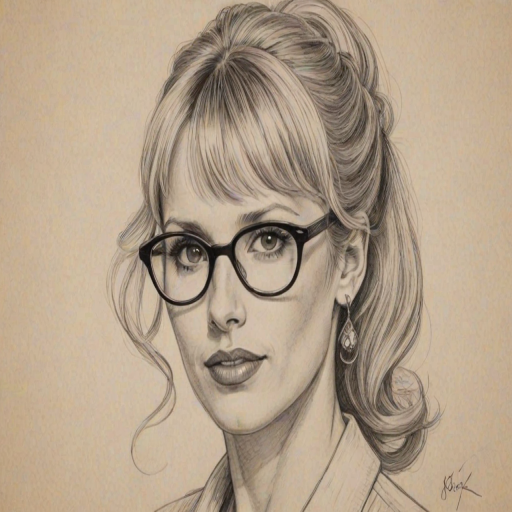 Magnificent Lucy Punch, pencil sketch, portrait of Magnificent woman 1951s in glasses, hair style beatnik, outline, clear lines, fine lines, 8k