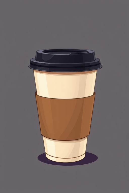 Create a high-quality illustration of a disposable coffee cup with a black lid and brown sleeve, using a digital art style, capturing it from a slightly elevated angle, with a focus on vibrant colors and smooth shading, using a digital drawing tablet, with a resolution of 300 DPI.