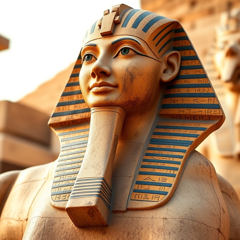 Create an image of an ancient Egyptian sphinx with detailed hieroglyphics and vibrant colors, captured using a DSLR camera with a 50mm lens, f/2.8 aperture, ISO 100, in a soft natural light setting, showcasing a close-up perspective with a shallow depth of field.