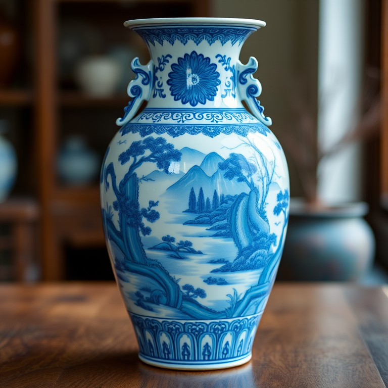Create a high-resolution image of a traditional blue and white ceramic vase with intricate landscape and floral designs, front view, soft natural lighting, using a DSLR camera, 50mm lens, aperture f/2.8, ISO 100.