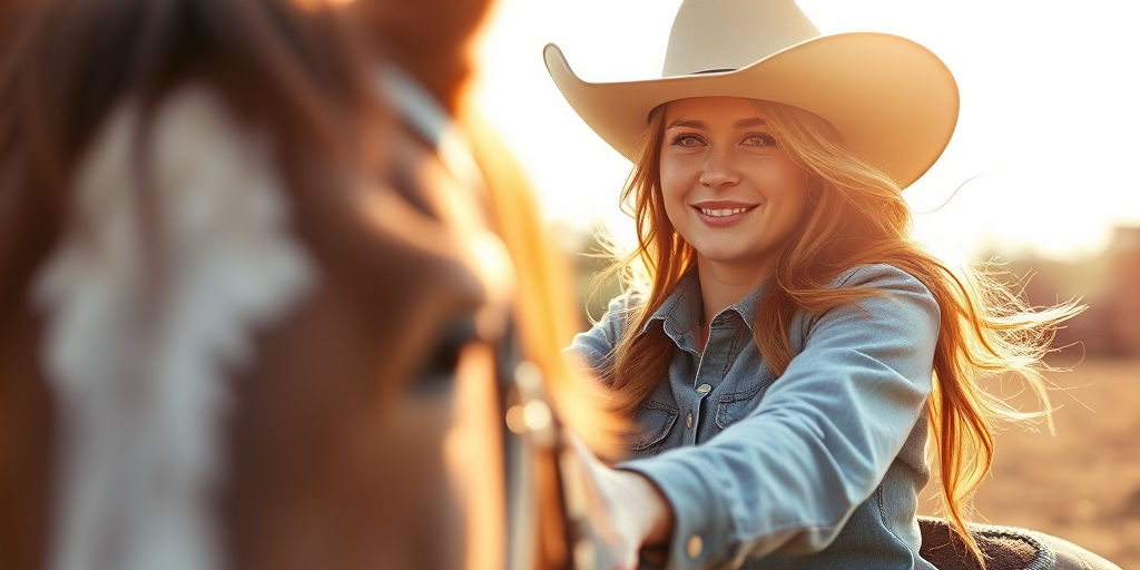 Capture a close-up shot of a woman in a cowboy hat riding a horse, in natural daylight, with a shallow depth of field to blur the background, using a DSLR camera with a 50mm lens at f/1.8, ISO 200, shutter speed 1/500s.