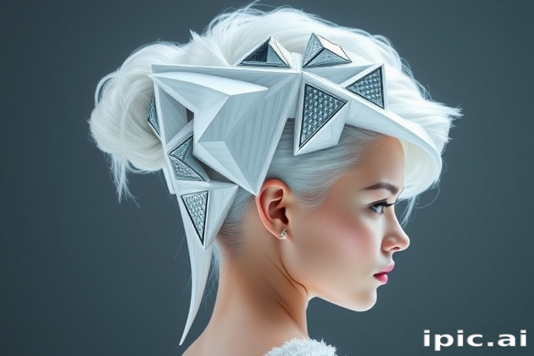 Icy white hair sculpted into an avant-garde, architectural updo with geometric shapes and metallic silver accents, embodying the futuristic "Frost Fusion" style
