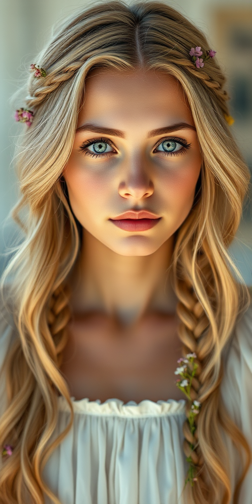 Create an image of a young Sephardic woman with long, wavy blonde hair, adorned with small, colorful flowers woven into her braids and loose strands. Her complexion is fair, with soft, glowing skin, and she has light blue eyes that gaze softly at the viewer. She wears a light, flowing dress with a gentle, ethereal quality, complementing her delicate and serene appearance. The background is slightly blurred, drawing focus to her tranquil expression and the intricate details of the flowers in her hair. The overall mood of the image is one of natural beauty and grace, evoking a sense of peacefulness and connection with nature.