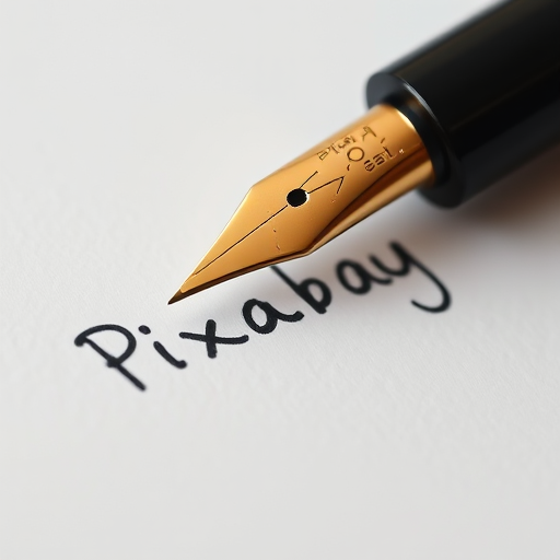 Close-up shot of a fountain pen with a golden nib writing the word "Pixabay" on a smooth white paper background, natural lighting, shallow depth of field, ISO 100, f/2.8, 50mm lens, DSLR camera.