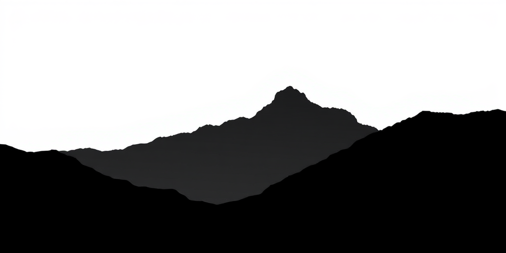 Create an illustration of a minimalist black silhouette of a mountain range against a white background, captured using a DSLR camera with a 50mm lens, aperture set to f/8, ISO 100, and a slight vignette effect to enhance the edges.