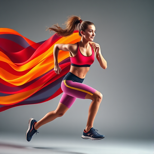 Capture a dynamic action shot of a woman in mid-sprint, wearing athletic gear, with colorful abstract stripes flowing around her, shot with a Canon EOS R5, 85mm lens, f/2.8, ISO 100, using soft studio lighting and a shallow depth of field for a high-quality finish.
